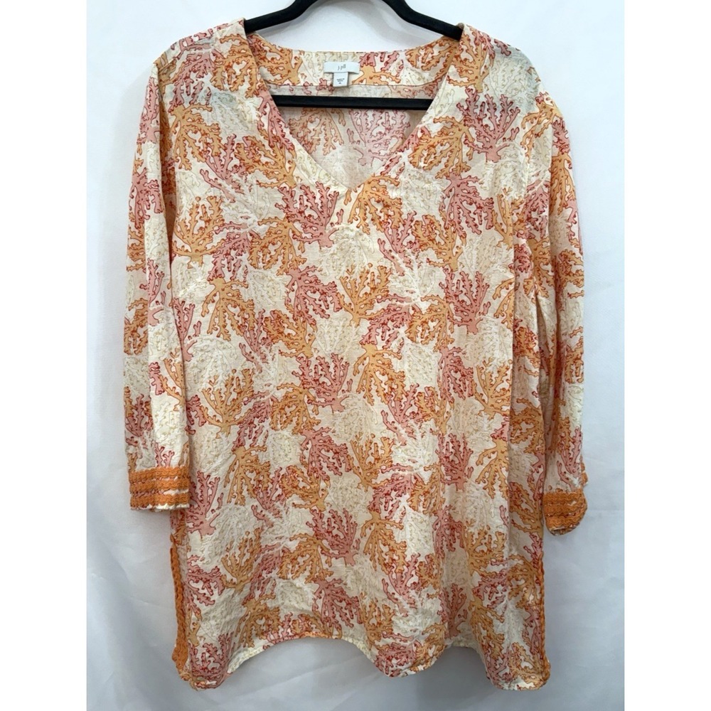 J Jill Orange Linen Blend Coral Reef‎ Print Pullover Tunic Top Blouse Womens XL